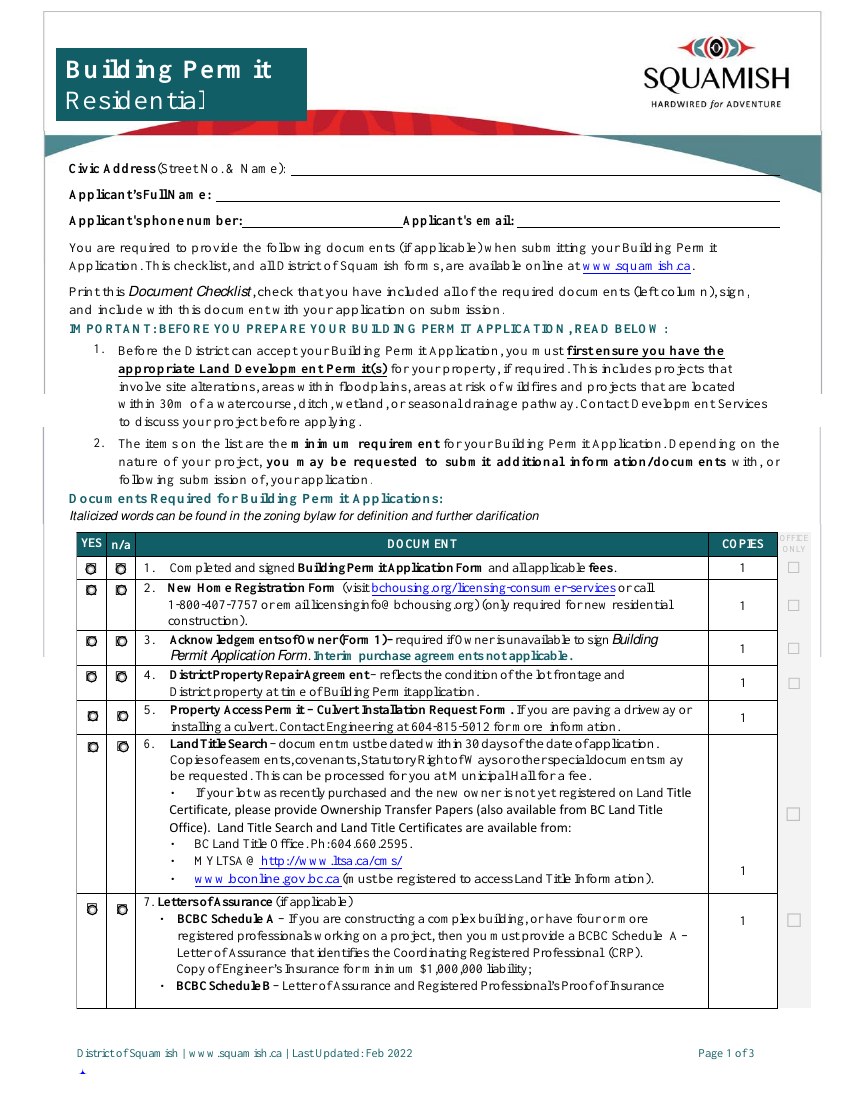 First-page preview of the District residential building permit document checklist